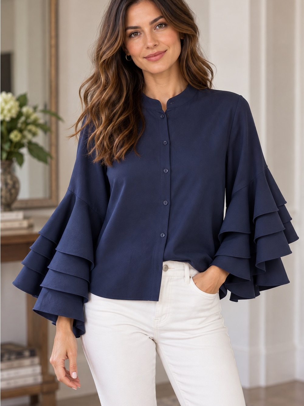 Gracia Navy Blue Tiered Ruffle Sleeve Statement Button Down Blouse Size Large